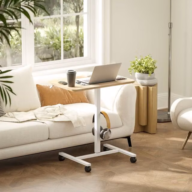 HOMCOM Mobile Overbed Standing Desk with Height Adjustable Tilting Top and Castors, Natural Wood Finish
