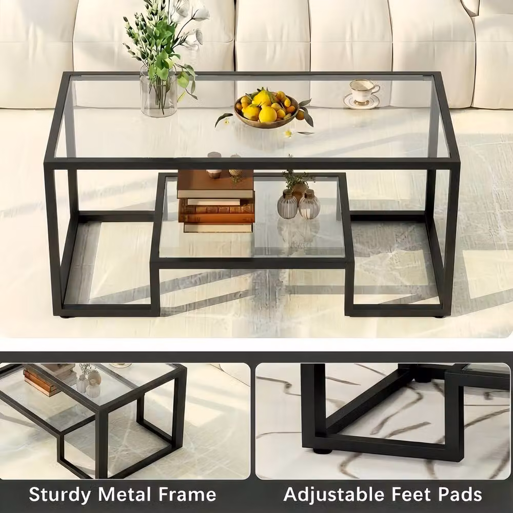 Alivio Modern Rectangular Coffee Table with Metal Frame and Transparent Wood Storage Shelves – 4