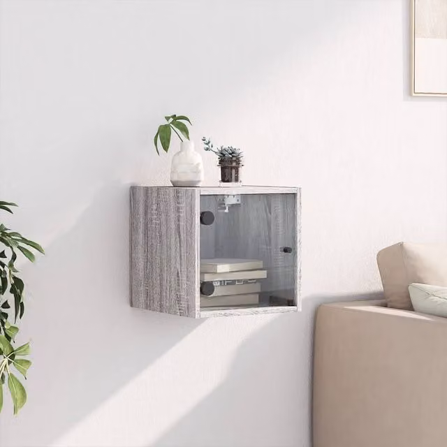 Berkfield Home Elegant Bedside Cabinet with Glass Door, Grey Sonoma, W/D/H: 35 x 37 x 35 cm