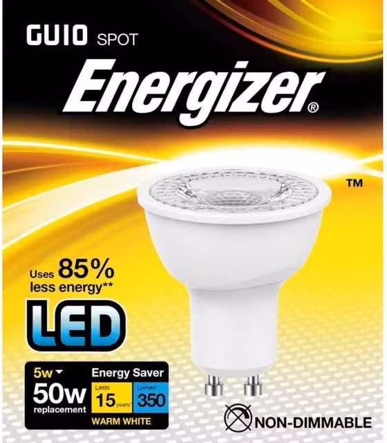 Energizer LED GU10 Reflector Light Bulb, 5W, 350lm, 3000K Warm White, White