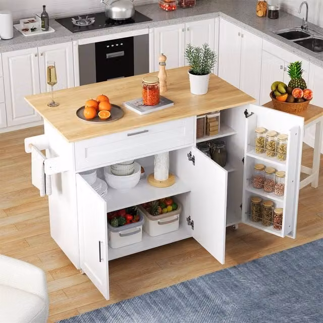 Rolipo Large Oak Mobile Kitchen Island Cart with Drop Leaf and Spice Rack in White