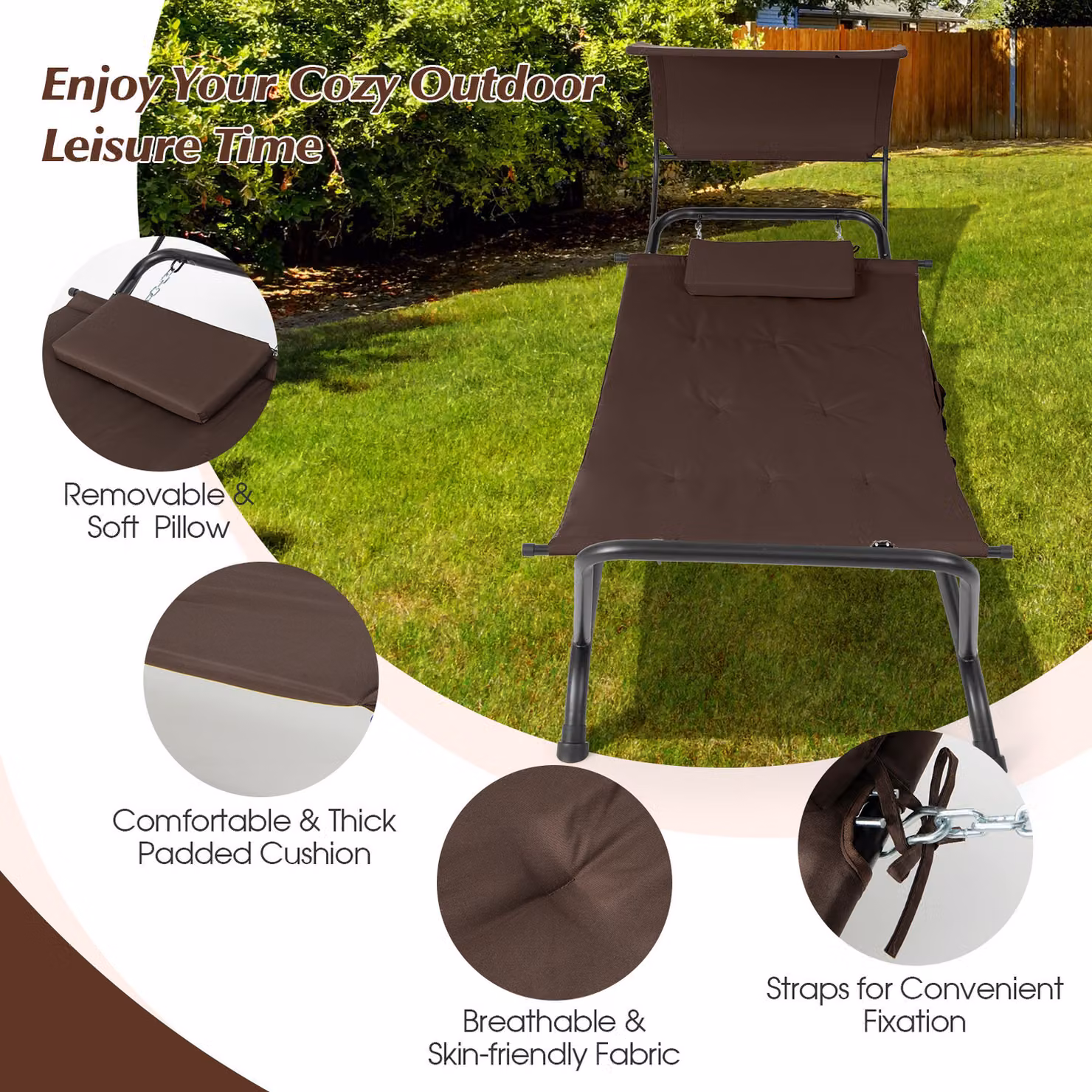 COSTWAY Brown Patio Hammock Hanging Chaise Lounge Chair with Stand, Sun Canopy and Weatherproof Cushions – 2