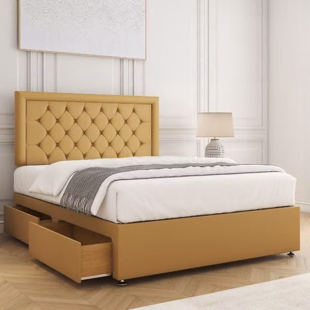 BSSPOKE Nova King Divan Bed Set with 24 inch Plush Headboard, 2 Same Side Drawers and Mattress in Mustard Yellow