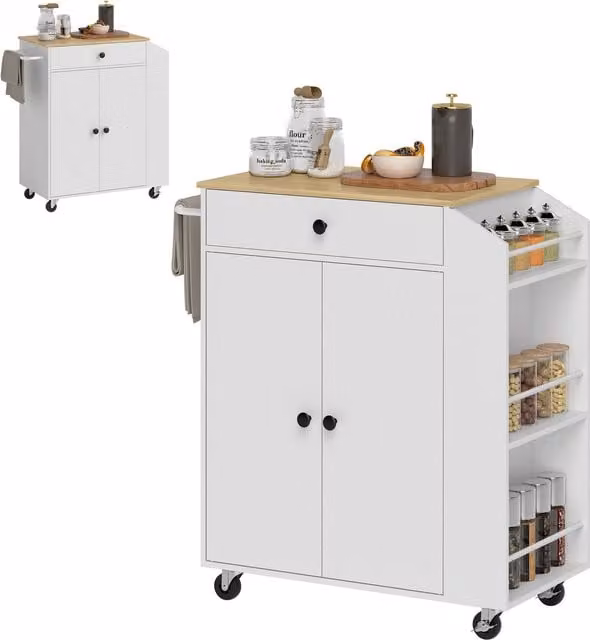 HOMCOM Modern Rolling Kitchen Island with Drawer and Spice Rack in White Matt Finish