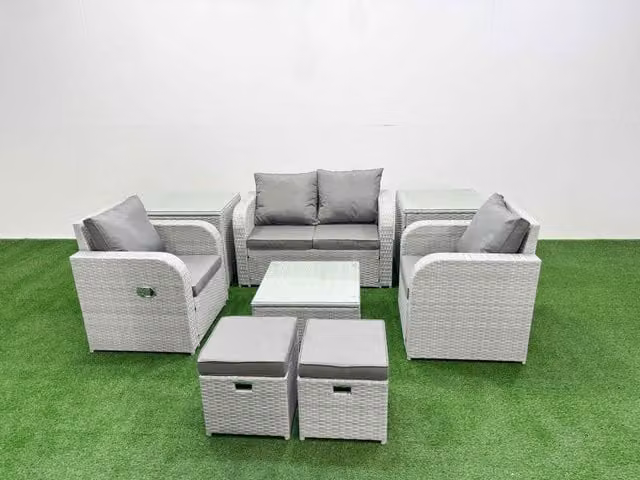 Fimous Light Grey PE Wicker Rattan 6 Seater Garden Furniture Set with Reclining Adjustable Chairs, Square Coffee Table, 2 Small Stools and 2 Side Tables