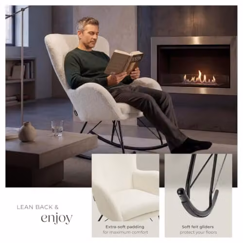 tectake Rocking Chair with Bouclé Fabric and Foam Padding, Modern Armchair with Metal Frame in Beige, Black or White – 2