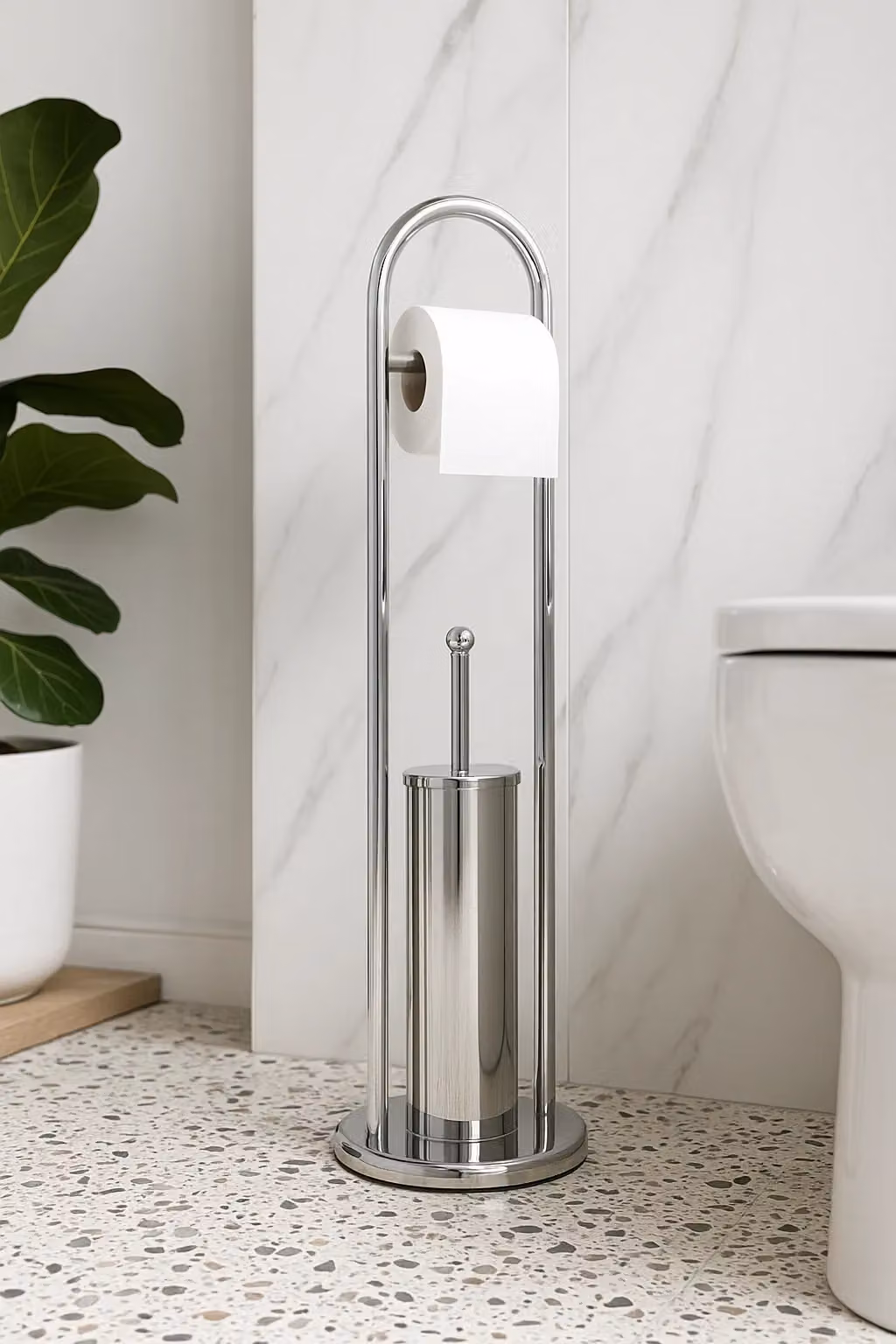 Home Discount Bath Vida 2-in-1 Toilet Brush and Toilet Paper Holder with Round Freestanding Base in Metallic Silver – 2