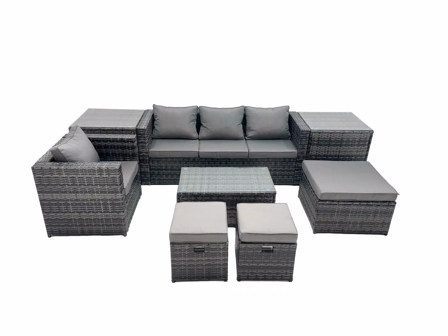 Fimous Modern Outdoor Coffee Table Sofa Set in Dark Grey with 3 Seater Sofa, Lounge Armchair, Coffee Table, and Matching Ottomans – 2