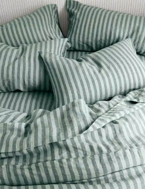 Piglet in Bed Pembroke Stripe Linen Rich Fitted Sheet, Green Mix, W: 180 cm x D: 200 cm