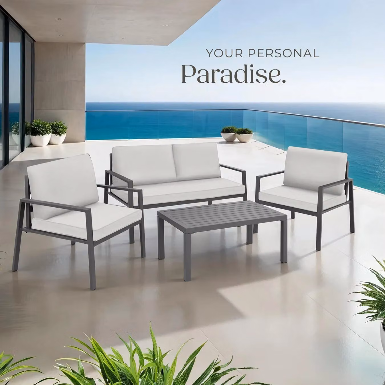 tectake Modern Garden Furniture Set in Grey with 2-Seater Sofa, Coffee Table and Upholstered Cushions with Powder Coated Aluminium Frame – 7
