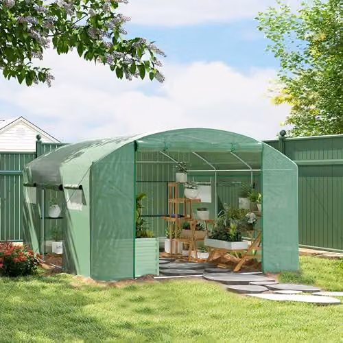 Outsunny Green Polytunnel Greenhouse with 3 Roll-up Doors, W: 4.0 m, D: 3.0 m, H: 2.0 m – 2