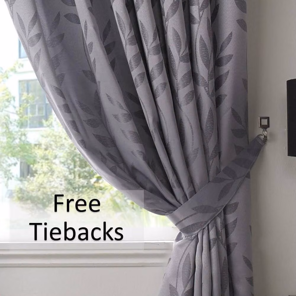Luxury Living Jacquard Leaf Ring Top Curtains in Silver, Width: 168 cm, Drop: 229 cm – 3