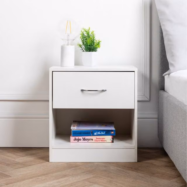 Home Treats Minimalist White Bedside Table with One Drawer