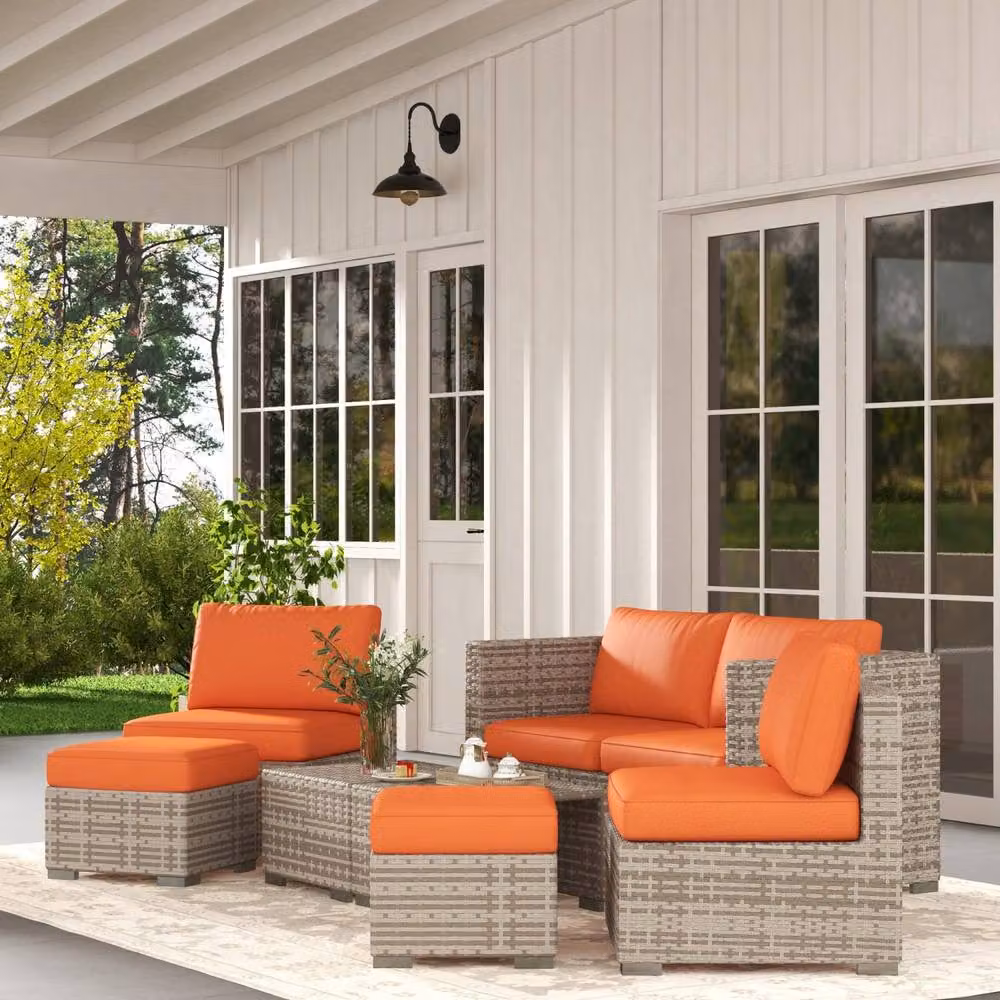 Wyld Haus Suve 6 Seater Grey PE Rattan Garden Furniture Set with Orange Cushions – 3