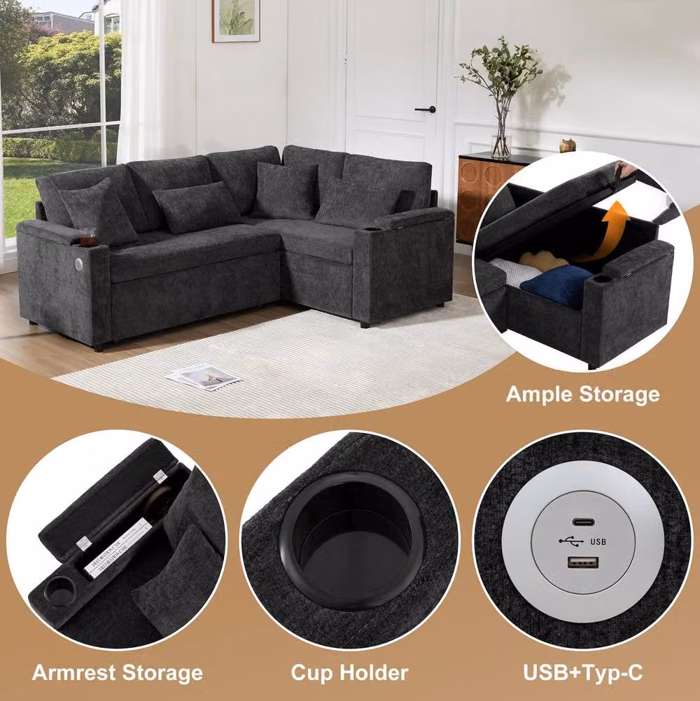 STILVORA L-Shaped 4-5 Seater Fabric Sofa Bed with Storage and USB Charging in Grey – 4