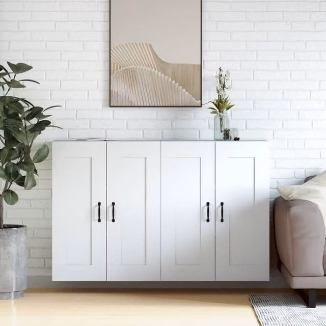 Berkfield Home Set of 2 White Modern Wall Mounted Cabinets with Hinged Doors and Internal Shelves