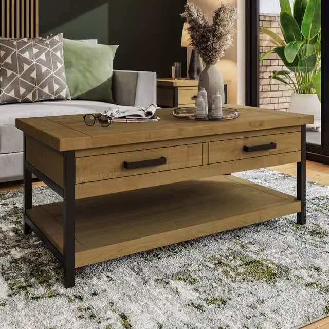 FWStyle Driftwood Lacquered Solid Pine Coffee Table with 2 Drawers in Brown and Grey