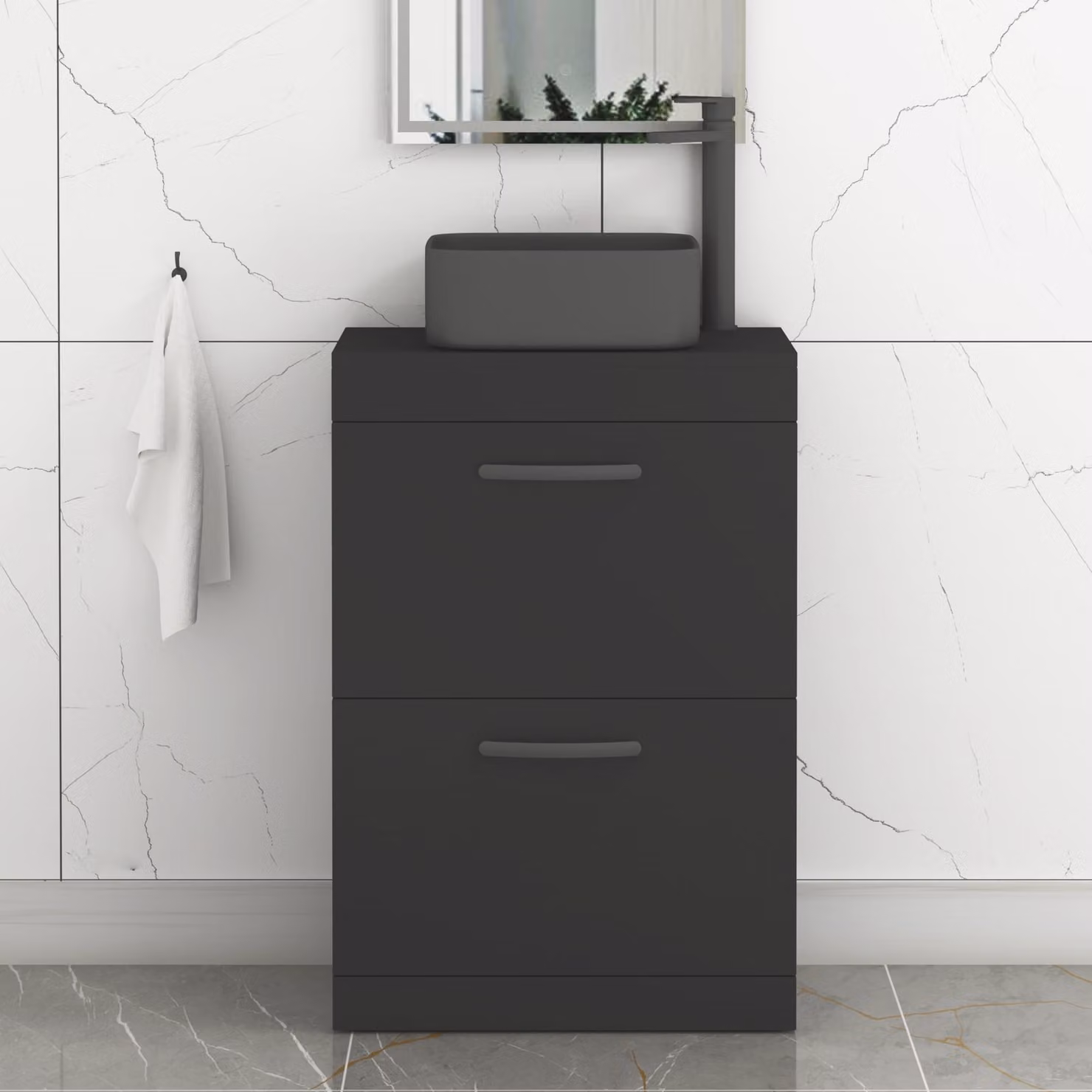 Royal Bathrooms Turin 600mm Floor Standing 2 Drawer Vanity Unit with Art Square Countertop Basin in Matt Black