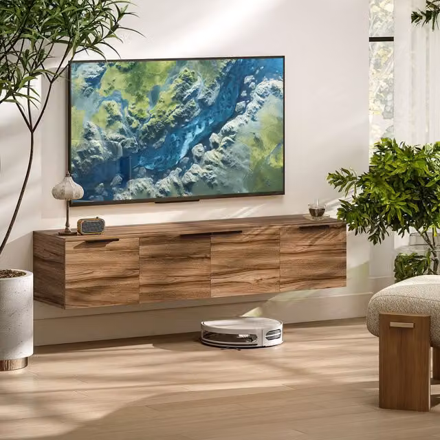 HOMCOM Floating TV Stand Cabinet with Shelves and Doors in Brown and Black Rustic Finish