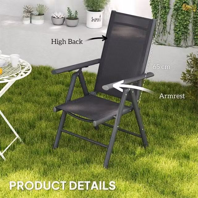 EONLION Set of 2 Modern Anthracite Grey Folding Garden Chairs in Matt Aluminium