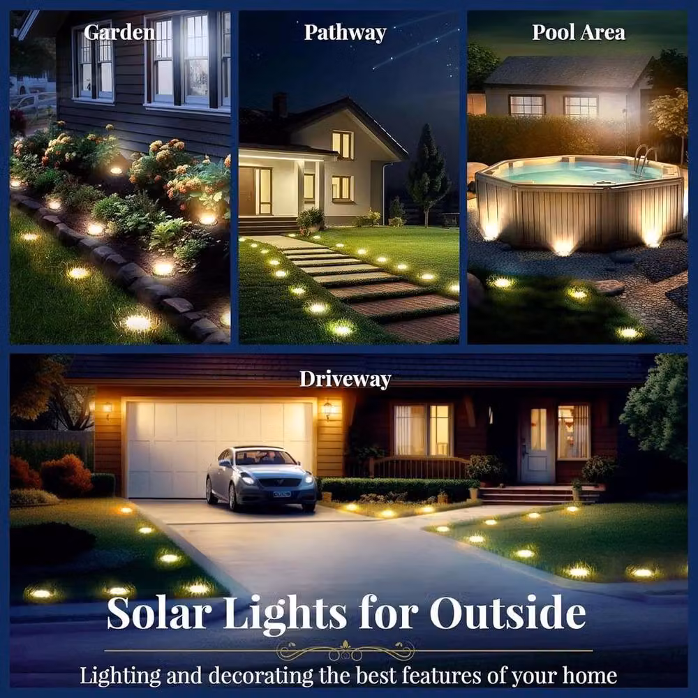 NESTLUNE 8-Pack Warm White Solar Powered Recessed Metal Ground Lights in Silver for Garden and Terrace – 5