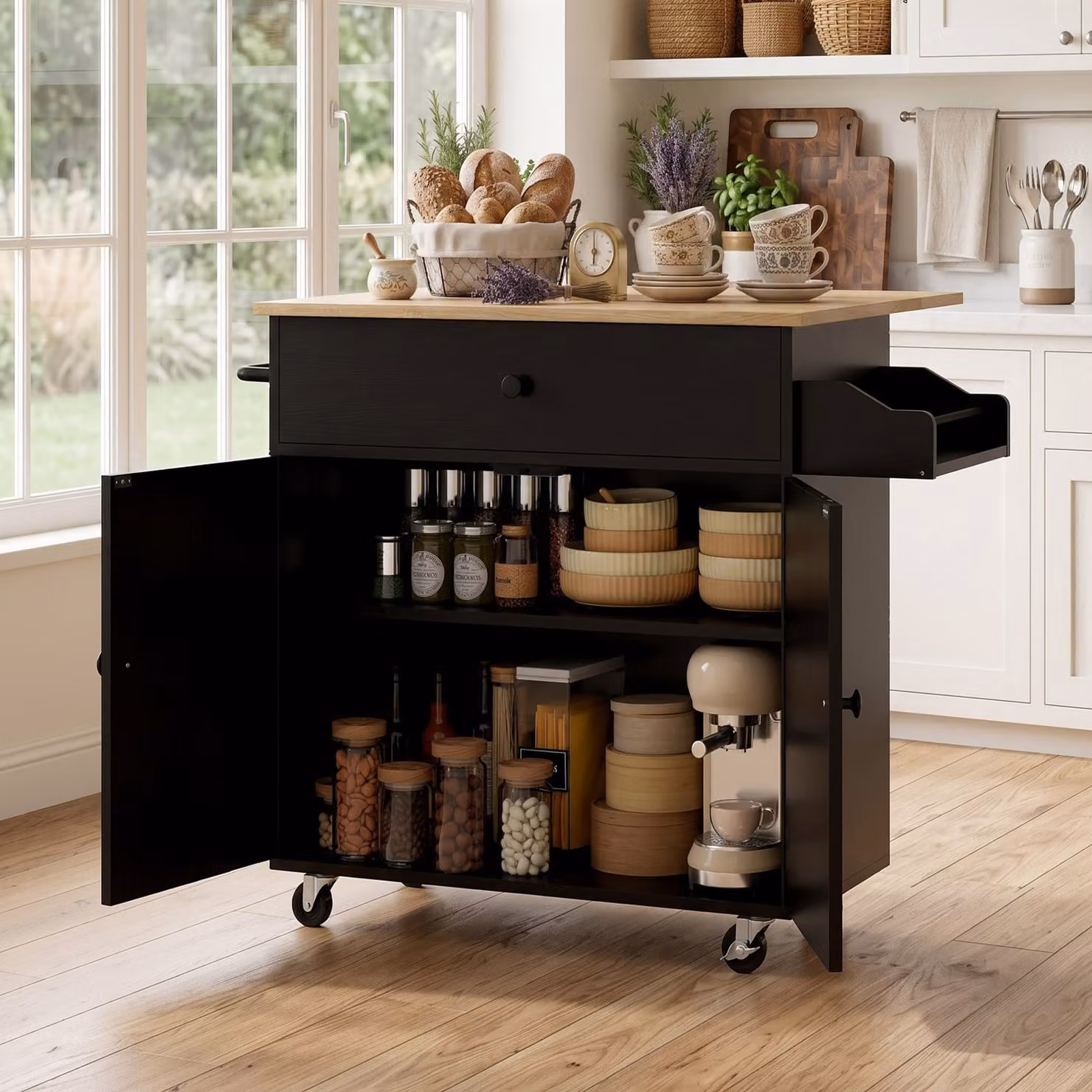 HOMCOM Black Kitchen Island with Drop Leaf and Rolling Storage Trolley – 7