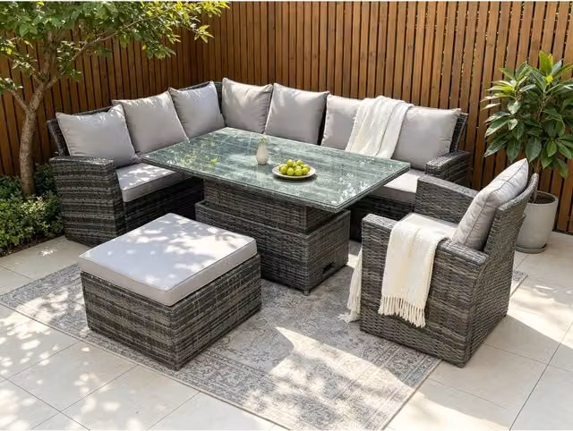 Fimous 8-Seater Rattan Corner Sofa Set with Height-Adjustable Rising Dining Table in Dark Grey Mixed