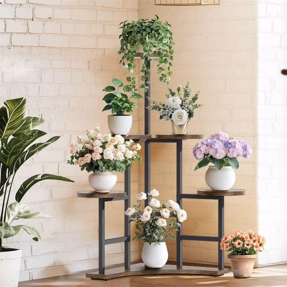 Kelvenix 6-Tier Rustic Corner Plant Stand in Brown and Black – 2