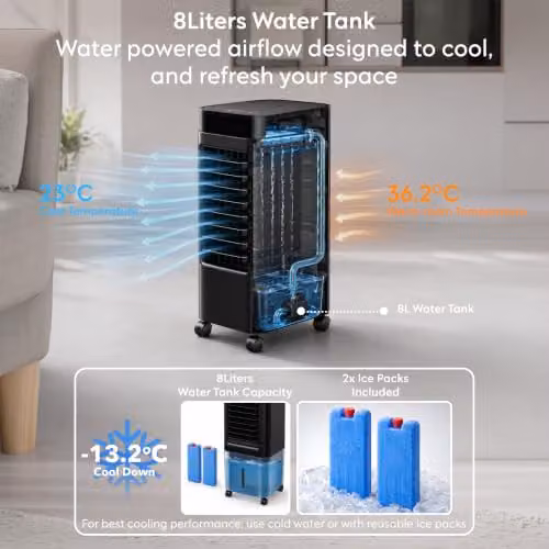 Air Pro 3-in-1 Portable Evaporative Air Cooler with 8L Capacity, Remote Control and Ice Packs, Black – 4