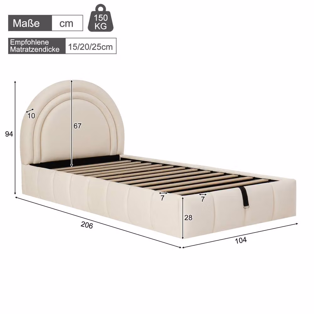Merax White Velvet Single Ottoman Bed with Upholstered Padded Headboard and Lift-Up Storage, W/D/H: 90 x 190 x 104 cm – 2