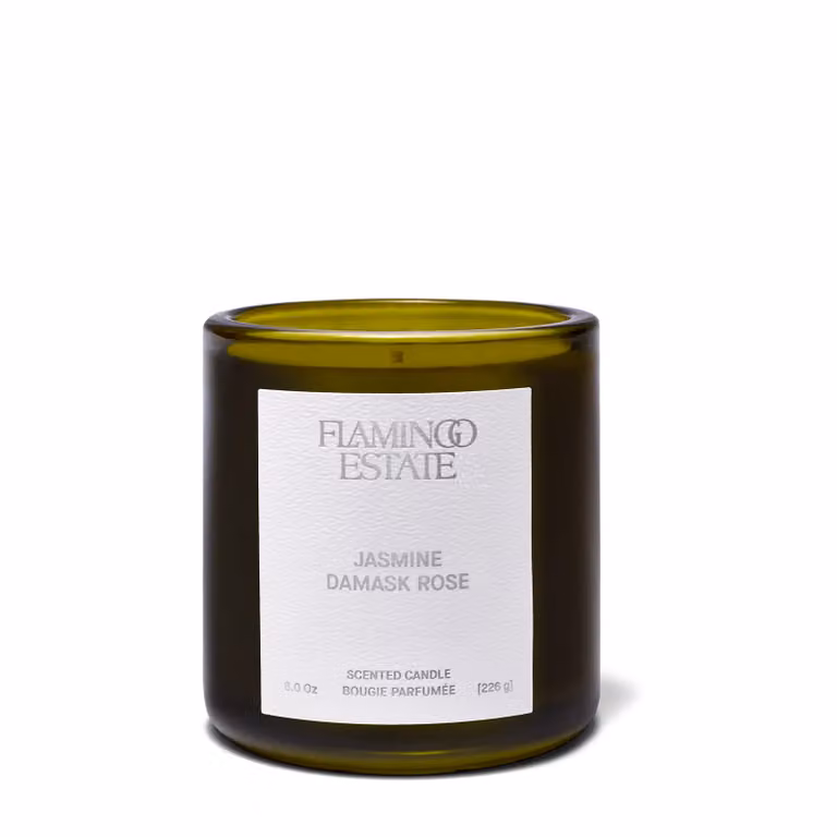 Flamingo Estate Night Blooming Jasmine & Damask Rose Glass Tabletop Candle in Pink and Green