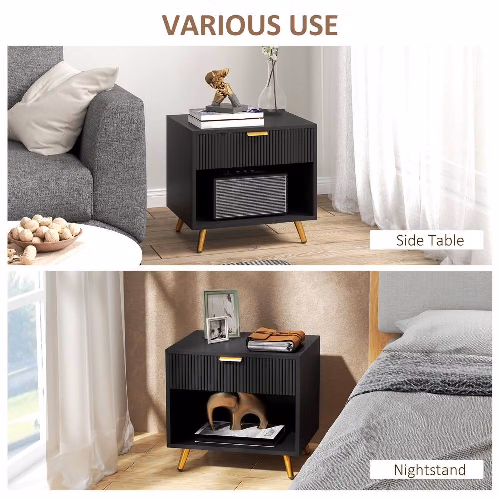 STILVORA Modern Bedside Table with Drawer and Shelf in Black and Gold – 6