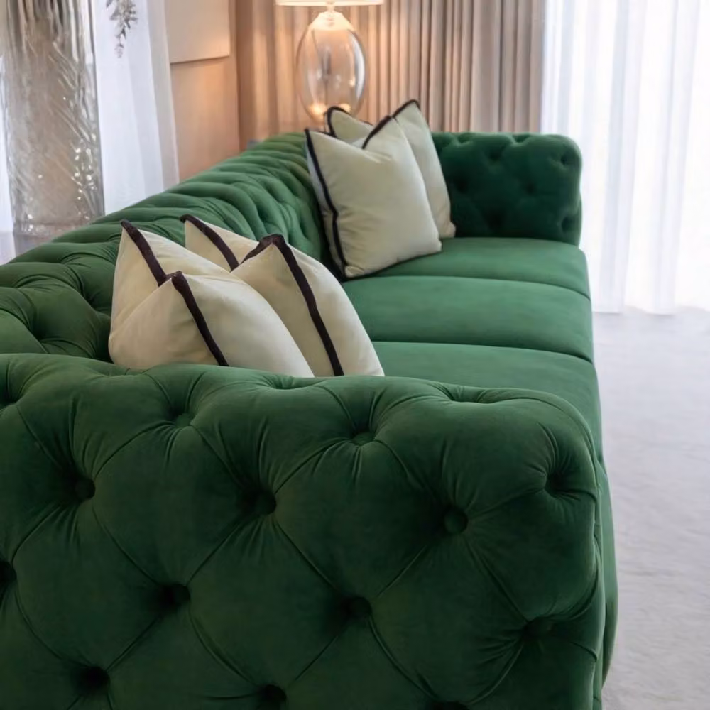 Sofaya Monaco Chesterfield 4 Seater L-Shape Velvet Sofa in Green with Scatter Cushions – 4