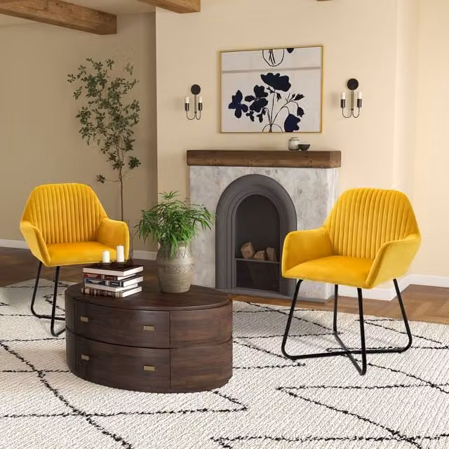 HOMCOM Set of 2 Modern Velvet Upholstered Accent Armchairs with Metal Base in Yellow