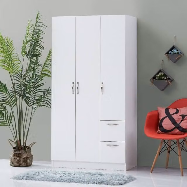 Timber Art Design Modern White 3 Door 2 Drawer Wardrobe with Hanging Rail, H 180 x W 90 x D 45 cm – 1