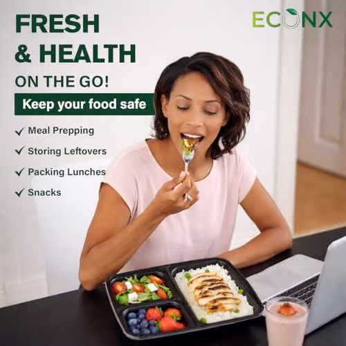 ECONX 20 Pack Black 3 Compartment Meal Prep Food Containers with Airtight Lids, 34oz Plastic Lunch Boxes – 8
