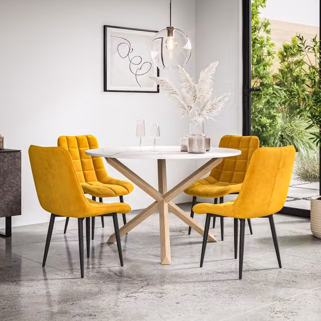 More4Homes Malvern Round Dining Table and 4 Nova Velvet Chairs Set, Marble Top with Solid Oak Legs, Mustard and White