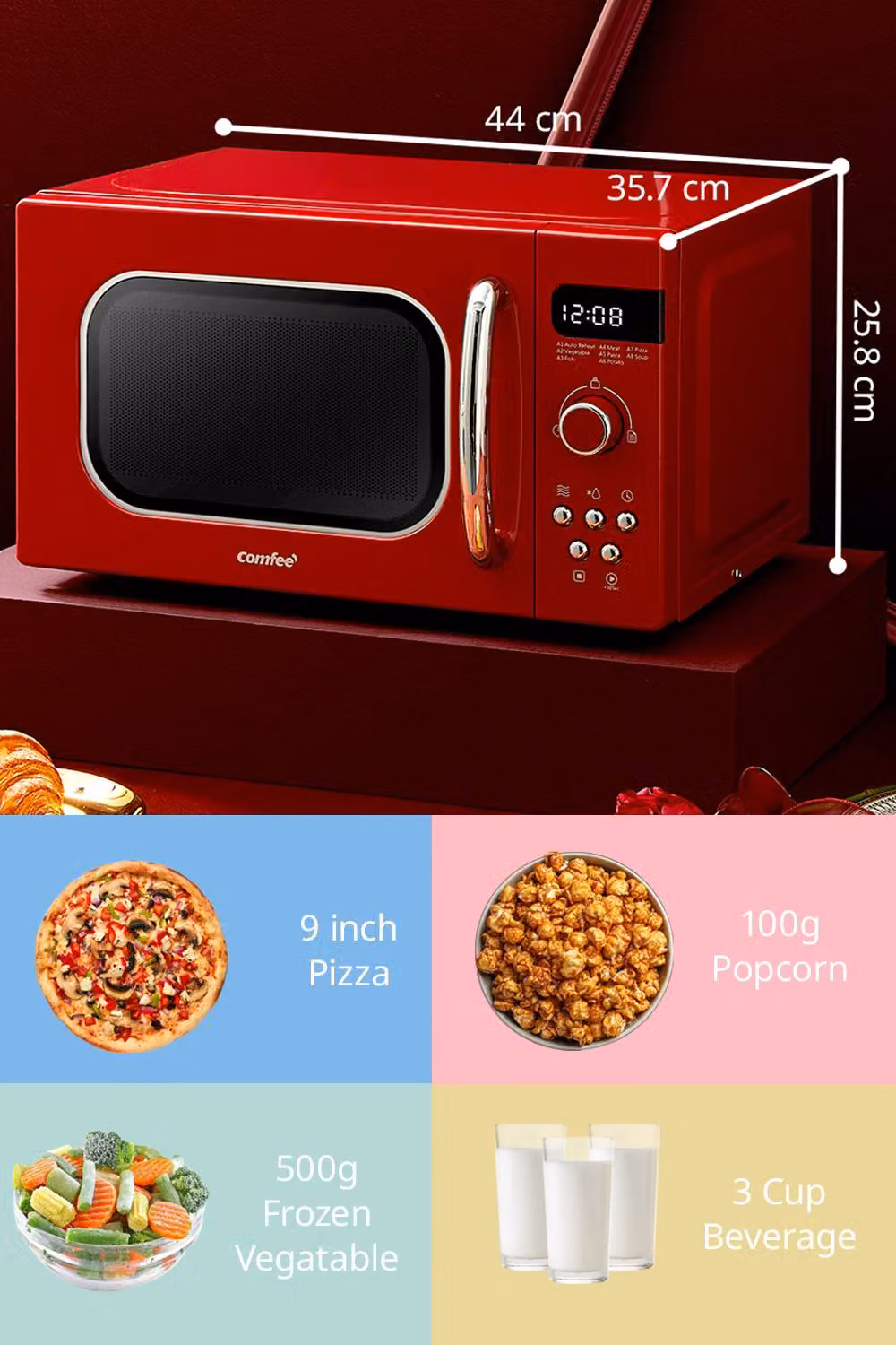Living and Home Retro Style 20L Solo Microwave Oven, 800W, Light Red – 3