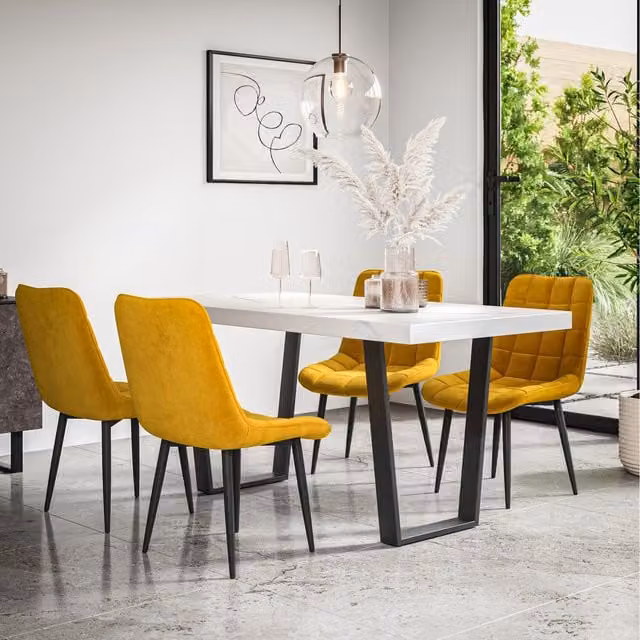 More4Homes Aria Dining Set with Marble Effect Rectangular Table and 6 Nova Velvet Chairs in Mustard