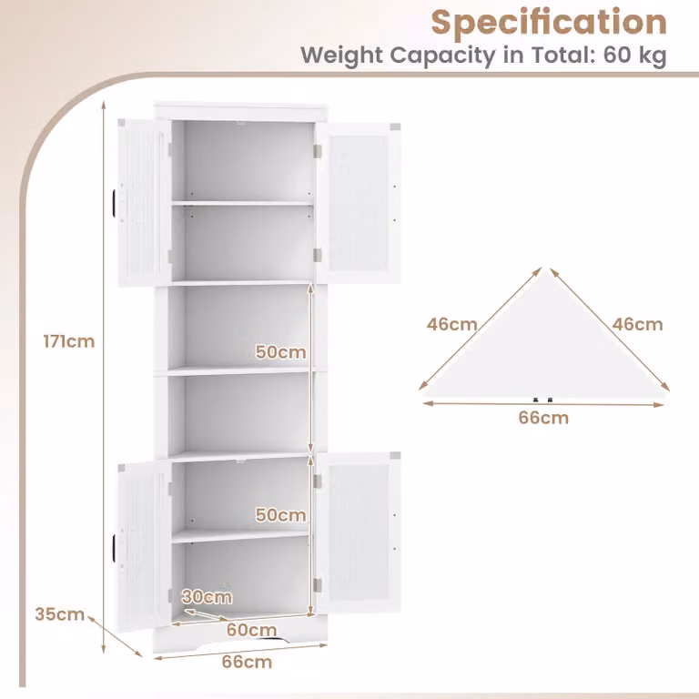 Costway White Wooden Corner Buffet Cabinet with Glass Doors and Internal Shelves, Height: 171 cm