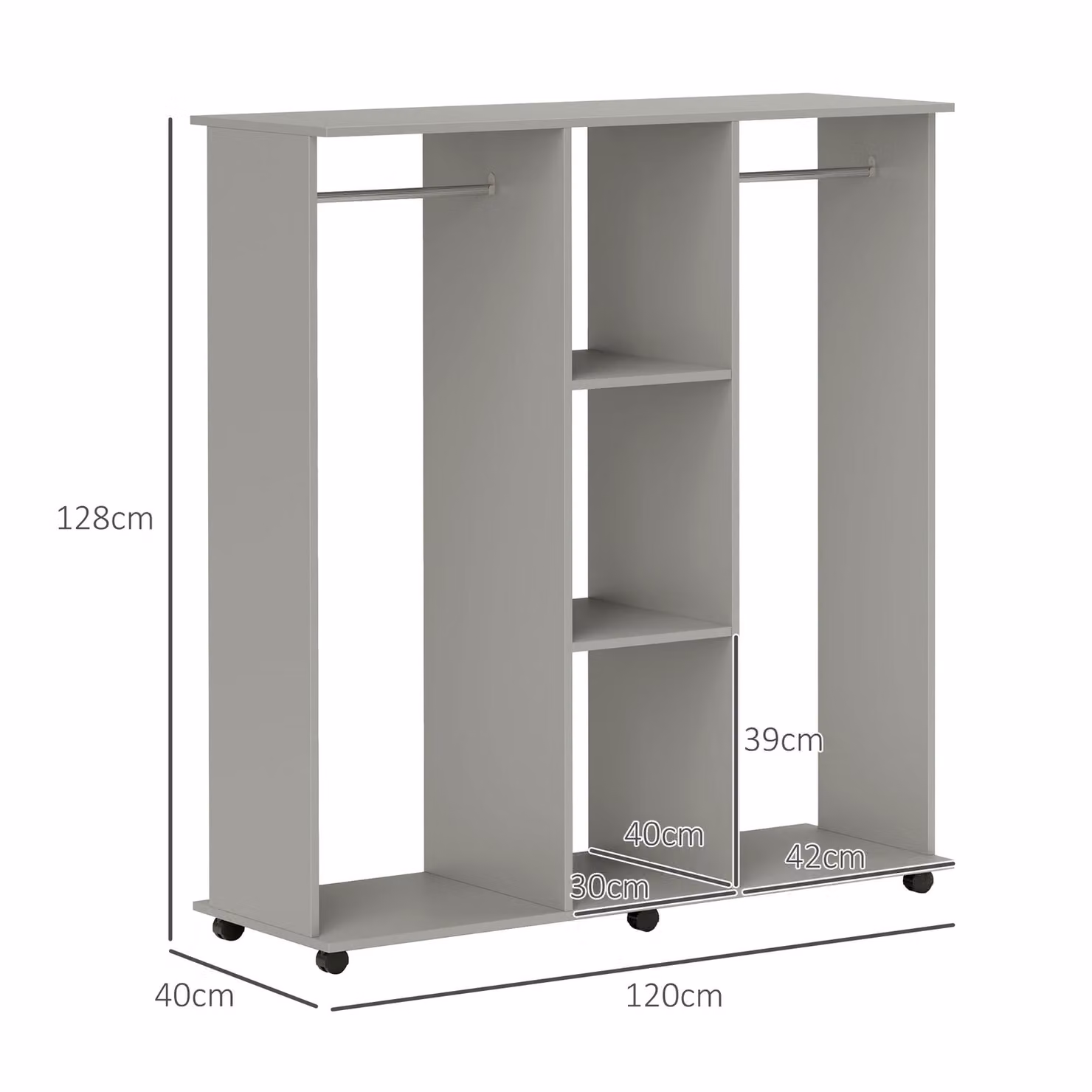 HOMCOM Double Open Wardrobe on Wheels with Clothes Hanging Rail and 3 Storage Shelves, Grey, W/D/H: 120 x 30 x 128 cm – 3