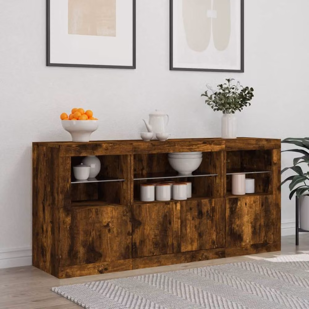 Berkfield Home Modern Smoked Oak Sideboard with Integrated LED Lights, Brown, W: 142.5 cm, D: 37 cm, H: 67 cm – 3