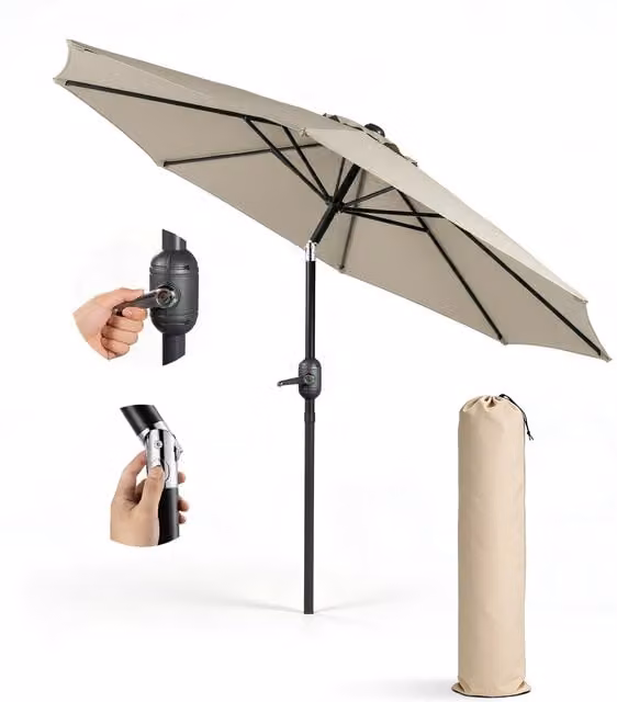 Keplin Tilting Parasol Umbrella in Beige with Steel Frame and Polyester Canopy, Height: 230 cm