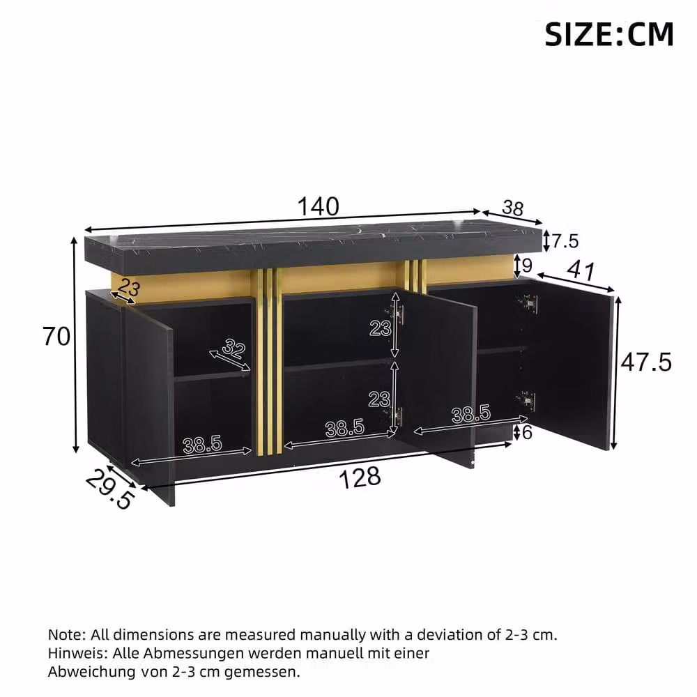 Rolipo Black Sideboard Buffet Cabinet with Faux Marble Top and 3 Doors, W: 140 cm – 2