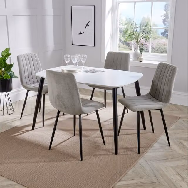 Core Products Ltd Aspen White Rectangular Dining Table and 4 Light Grey Cord Fabric Chairs Set, W/D/H: 120 x 80 x 75 cm
