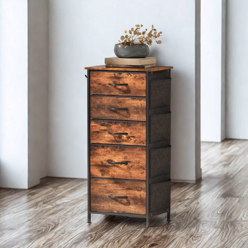 FURNOS Industrial 5 Fabric Drawer Chest Storage Unit in Rustic Brown, W/D/H: 94.5 x 30 x 45 cm – 2