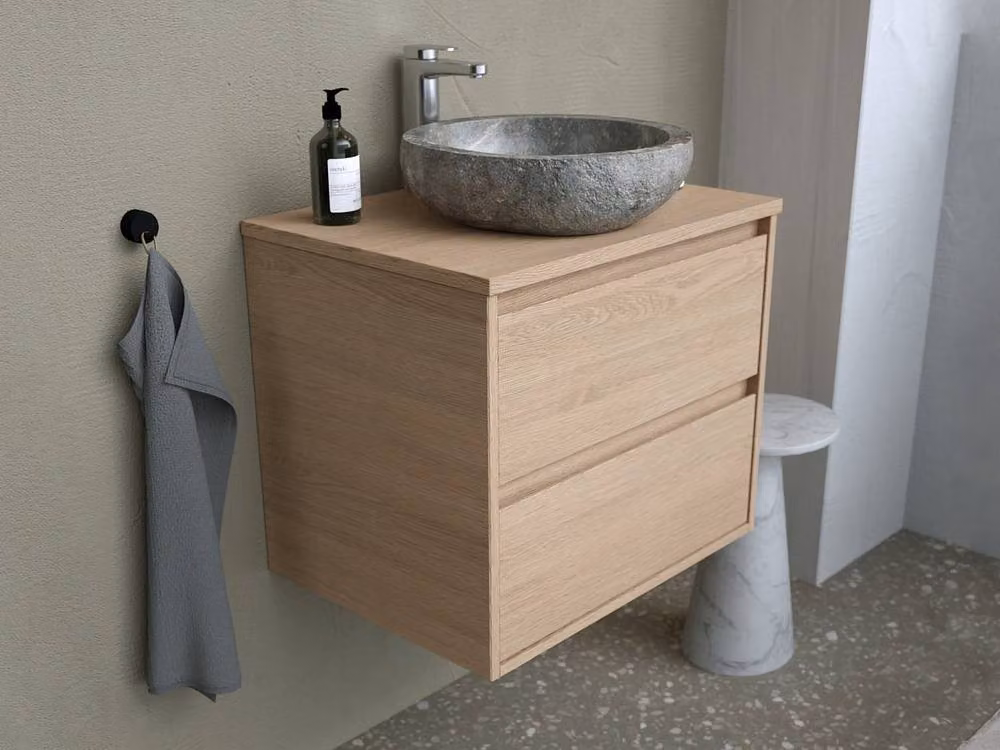 MILIPAM Scandinavian Oak Veneer Bathroom Unit with Free-Standing Stone Washbasin, W: 60 cm, D: 45 cm, H: 65 cm – 3