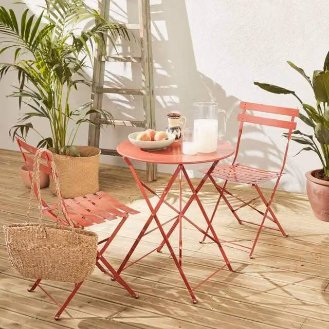 sweeek Round Folding Metal Bistro Garden Table and 2 Chairs Set in Terracotta – 1