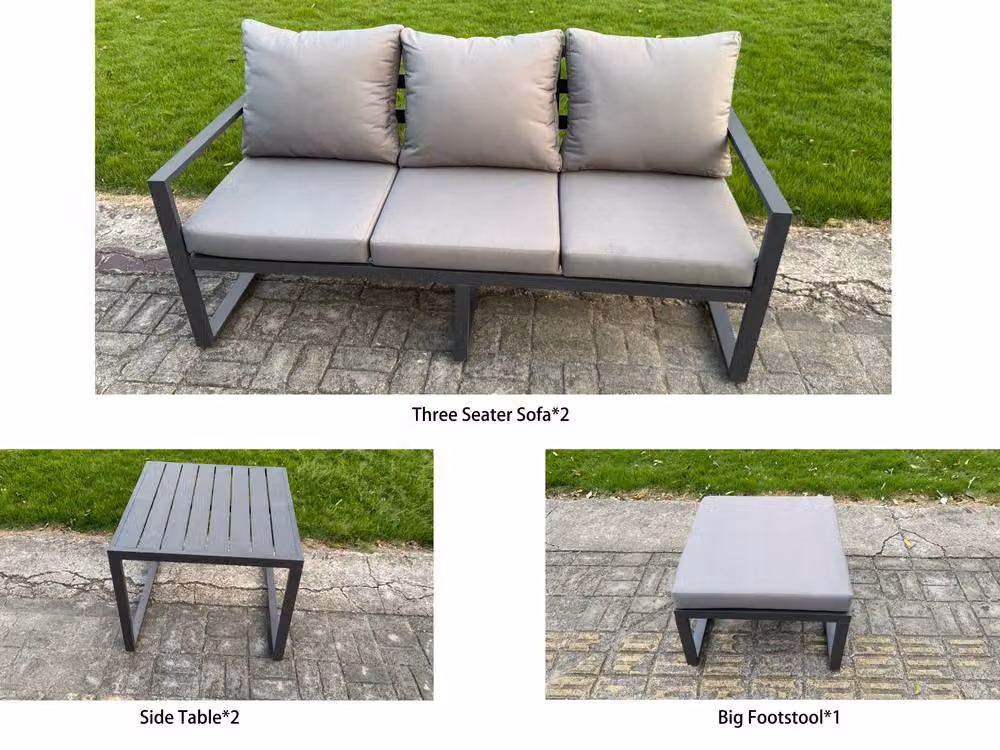 Fimous 6-Piece Powder Coated Aluminium Garden Sofa Set with Lifting Table, 2 Side Tables and Large Stool in Dark Grey – 2