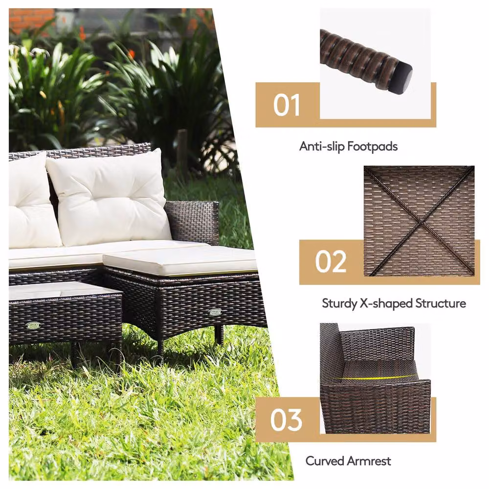 Costway 3-Piece White Polyrattan Patio Conversation Set with Upholstered Cushions, Outdoor 3-Seater Sofa, Coffee Table and Ottoman – 8